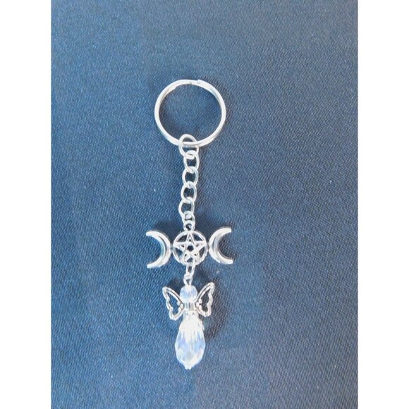 Triple Moon Pentacle Crystal Angel Keychain Pagan Wiccan Goddess Charm Spiritual - Picture 2 of 10
